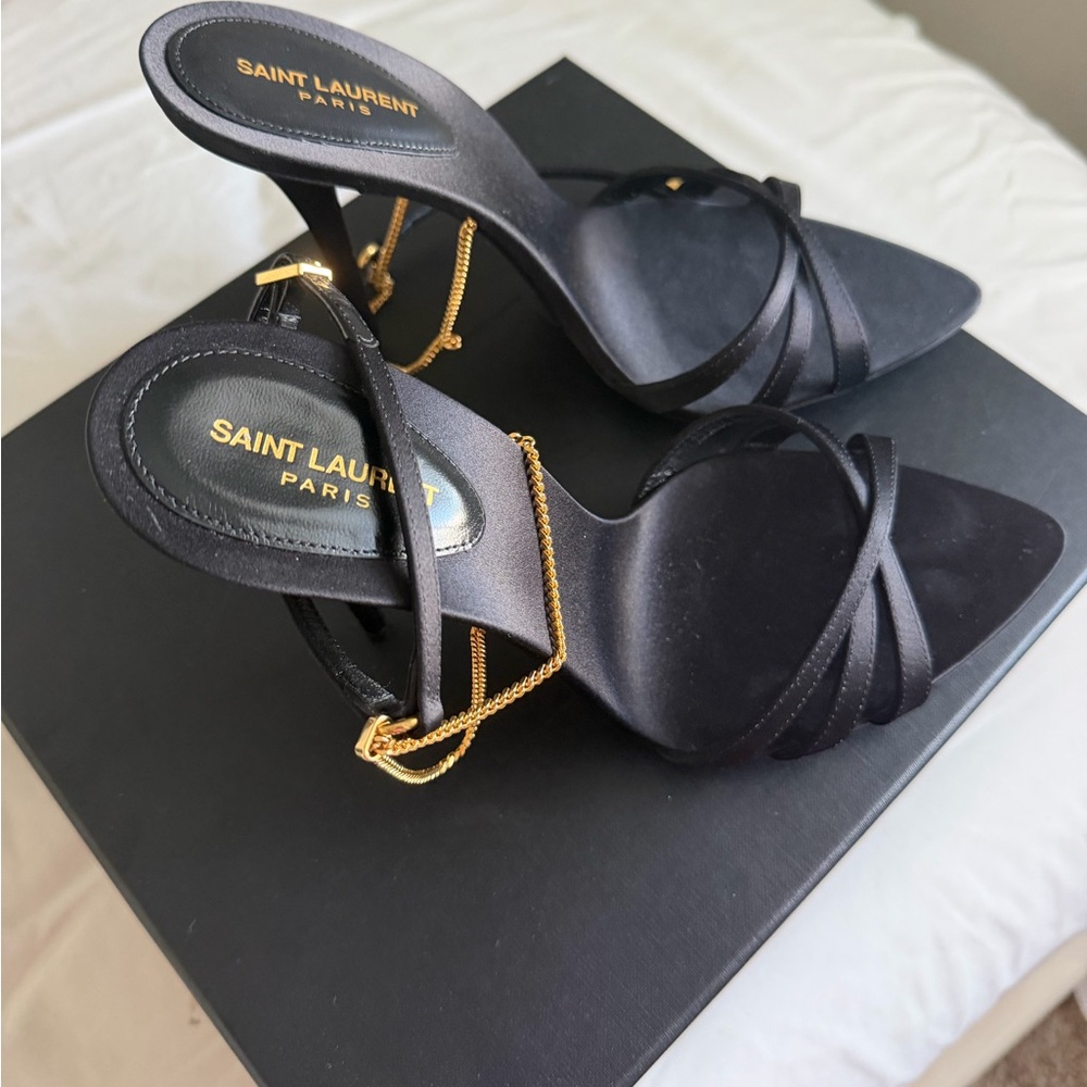 Saint Laurent Black Satin Pointed Toe Heeled Sandals with Gold Chain - Picture 1 of 9